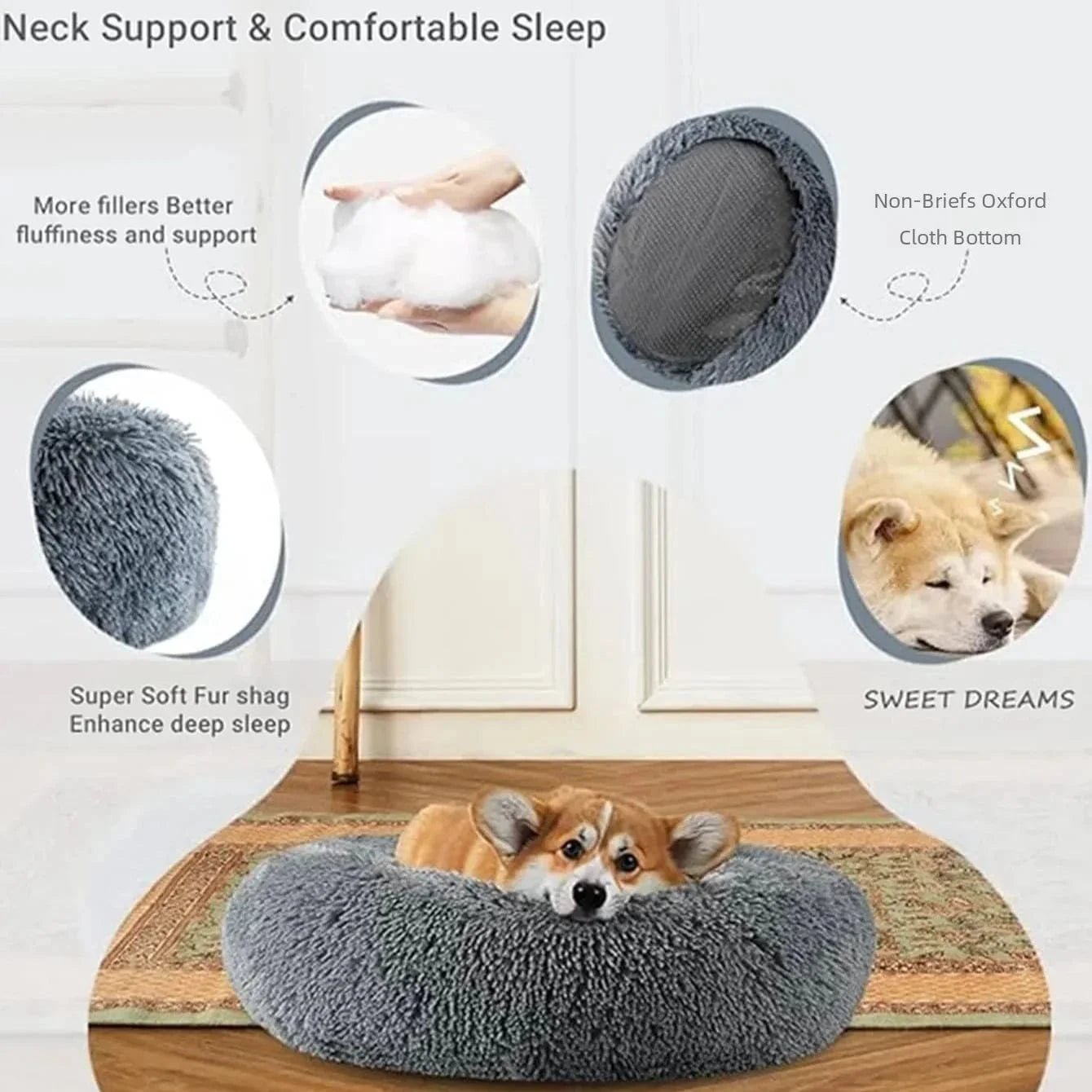 40 - 90cm Round Pet Bed for Large Dog Bed Super Soft Cat Bed Long Plush Dog House for Medium Dog House Winter Warm Sleeping - PawfectCo