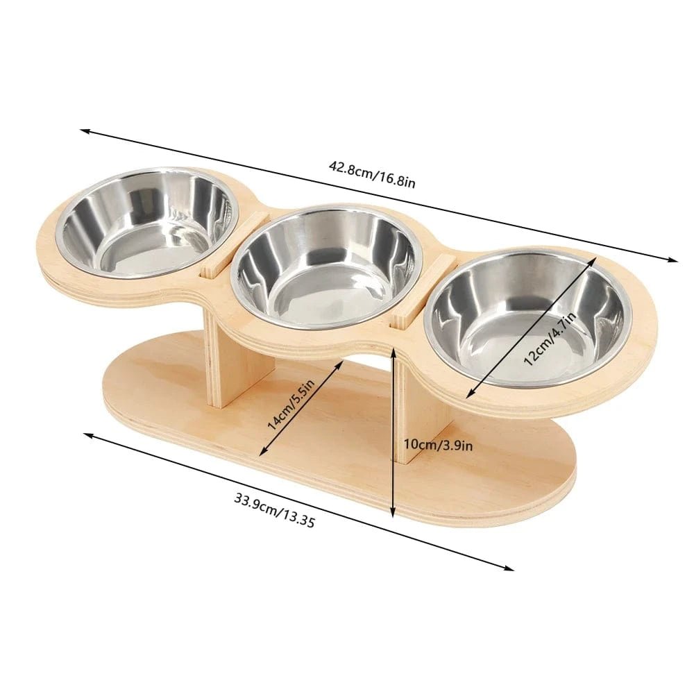 Cat 3 Bowls in 1 Feeder Feeding & Watering Supplies Food Bowl 15 - Degree Tilt Raised Puppy 3 Stainless Steel Bowls Wood Brackets - PawfectCo