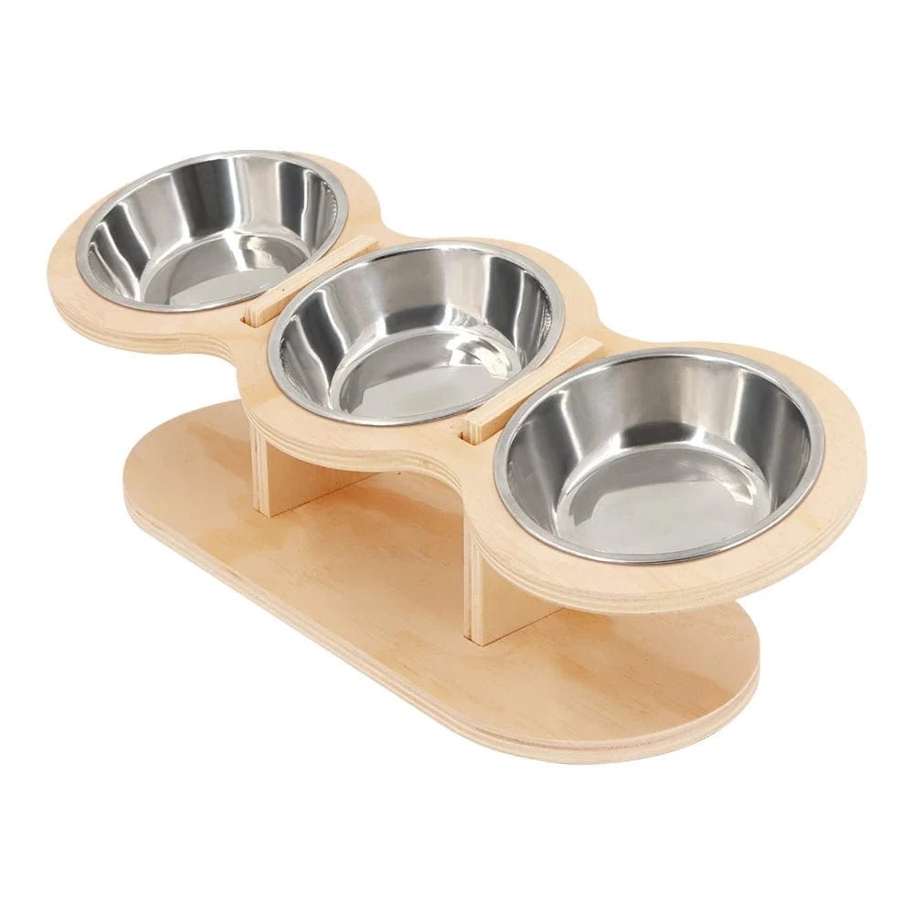 Cat 3 Bowls in 1 Feeder Feeding & Watering Supplies Food Bowl 15 - Degree Tilt Raised Puppy 3 Stainless Steel Bowls Wood Brackets - PawfectCo