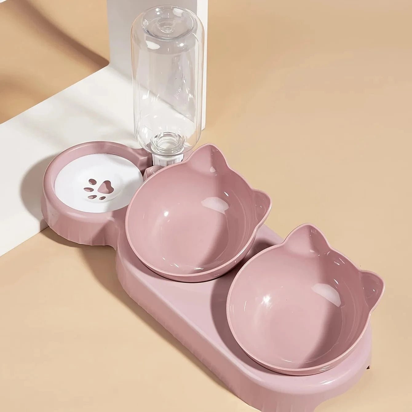 Pet Bowls With Water Feeder, 3 In 1 Ear Design Tilted Cat Water And Food Bowl Set With Gravity Water Bottle For Neck Protection - PawfectCo
