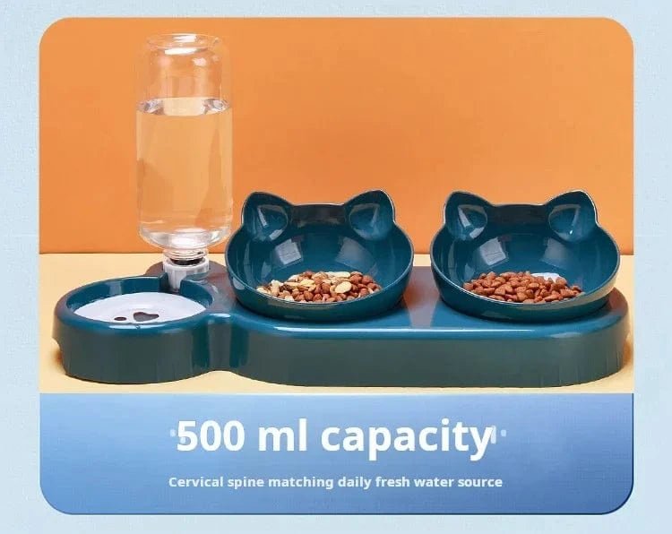 Pet Bowls With Water Feeder, 3 In 1 Ear Design Tilted Cat Water And Food Bowl Set With Gravity Water Bottle For Neck Protection - PawfectCo