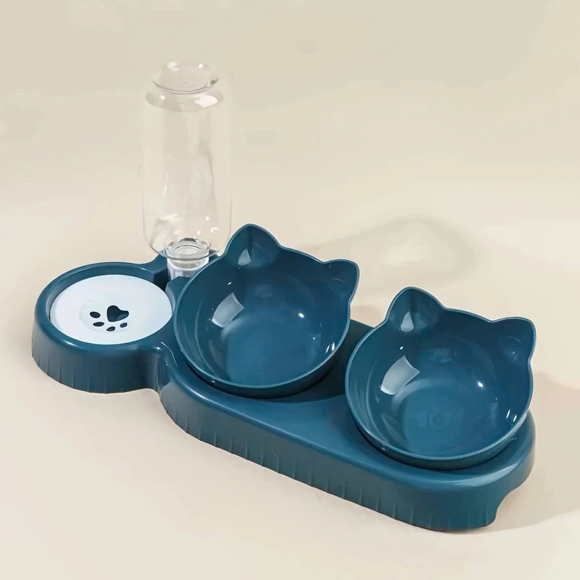 Pet Bowls With Water Feeder, 3 In 1 Ear Design Tilted Cat Water And Food Bowl Set With Gravity Water Bottle For Neck Protection - PawfectCo