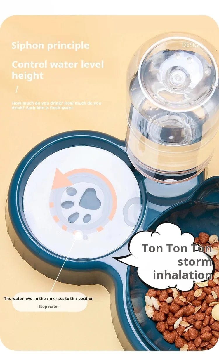 Pet Bowls With Water Feeder, 3 In 1 Ear Design Tilted Cat Water And Food Bowl Set With Gravity Water Bottle For Neck Protection - PawfectCo