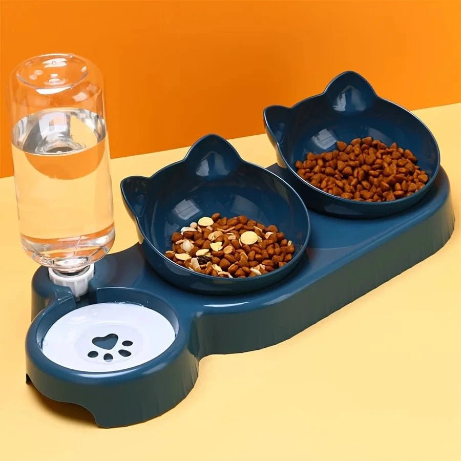 Pet Bowls With Water Feeder, 3 In 1 Ear Design Tilted Cat Water And Food Bowl Set With Gravity Water Bottle For Neck Protection - PawfectCo