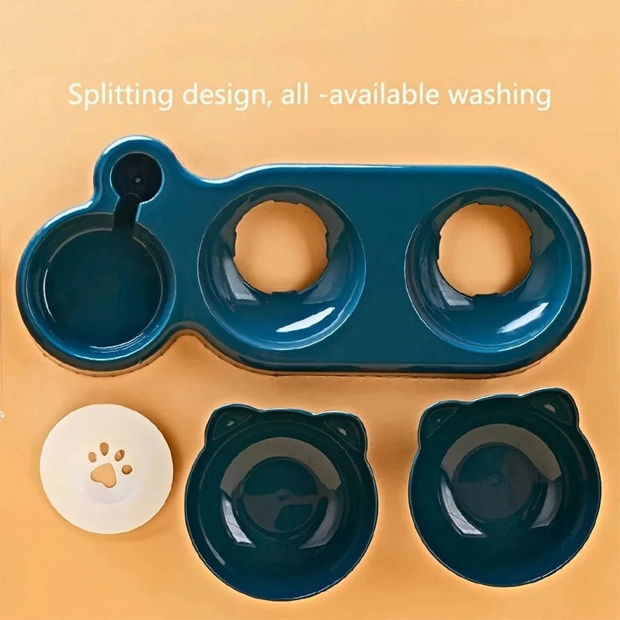 Pet Bowls With Water Feeder, 3 In 1 Ear Design Tilted Cat Water And Food Bowl Set With Gravity Water Bottle For Neck Protection - PawfectCo