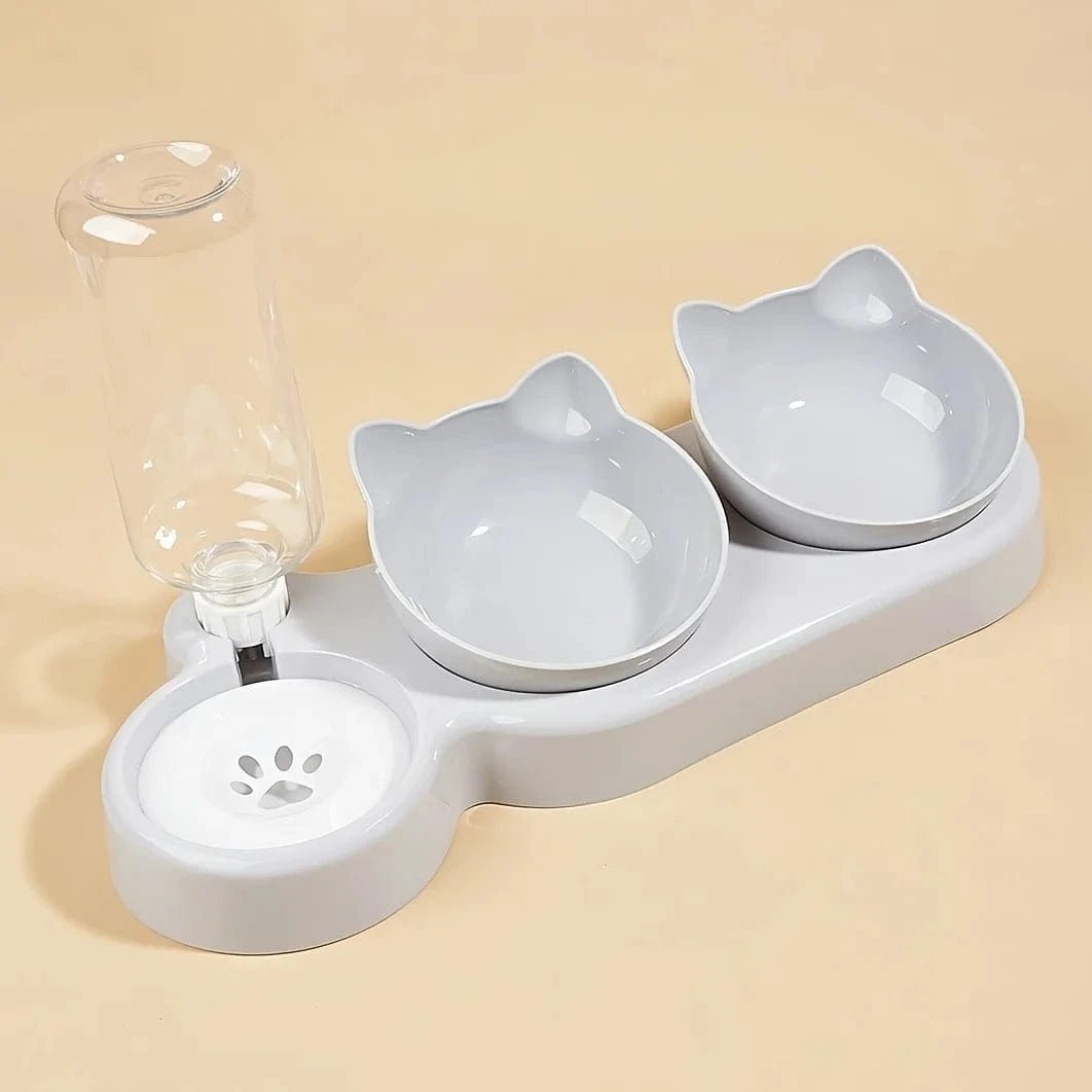 Pet Bowls With Water Feeder, 3 In 1 Ear Design Tilted Cat Water And Food Bowl Set With Gravity Water Bottle For Neck Protection - PawfectCo