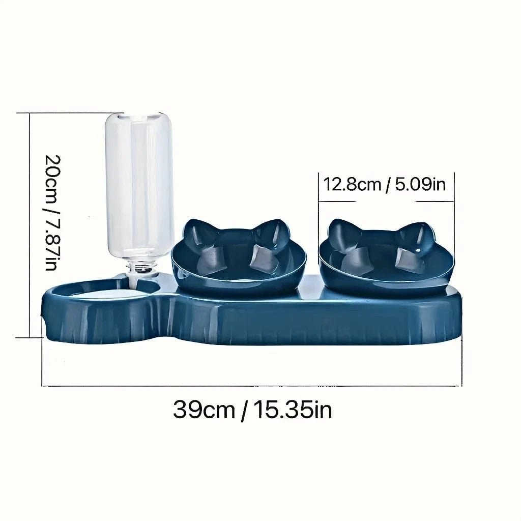 Pet Bowls With Water Feeder, 3 In 1 Ear Design Tilted Cat Water And Food Bowl Set With Gravity Water Bottle For Neck Protection - PawfectCo