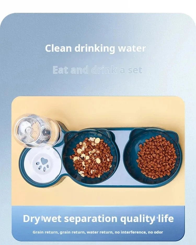 Pet Bowls With Water Feeder, 3 In 1 Ear Design Tilted Cat Water And Food Bowl Set With Gravity Water Bottle For Neck Protection - PawfectCo