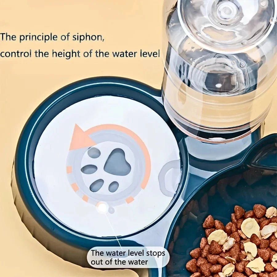 Pet Bowls With Water Feeder, 3 In 1 Ear Design Tilted Cat Water And Food Bowl Set With Gravity Water Bottle For Neck Protection - PawfectCo