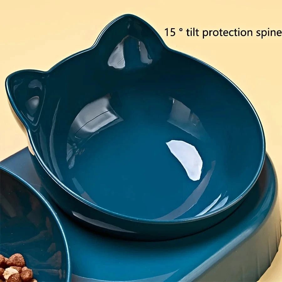 Pet Bowls With Water Feeder, 3 In 1 Ear Design Tilted Cat Water And Food Bowl Set With Gravity Water Bottle For Neck Protection - PawfectCo