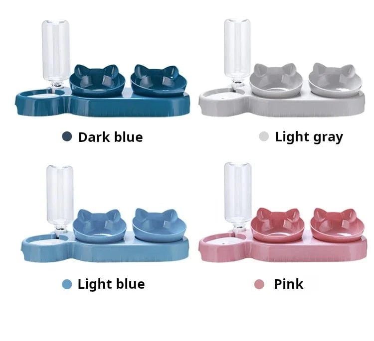Pet Bowls With Water Feeder, 3 In 1 Ear Design Tilted Cat Water And Food Bowl Set With Gravity Water Bottle For Neck Protection - PawfectCo