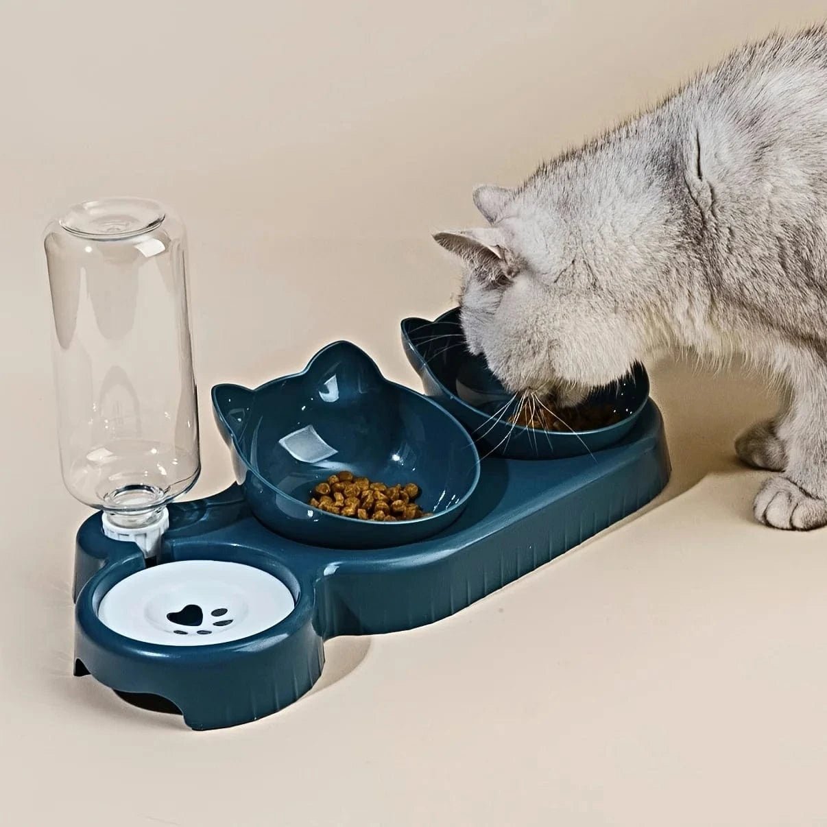 Pet Bowls With Water Feeder, 3 In 1 Ear Design Tilted Cat Water And Food Bowl Set With Gravity Water Bottle For Neck Protection - PawfectCo