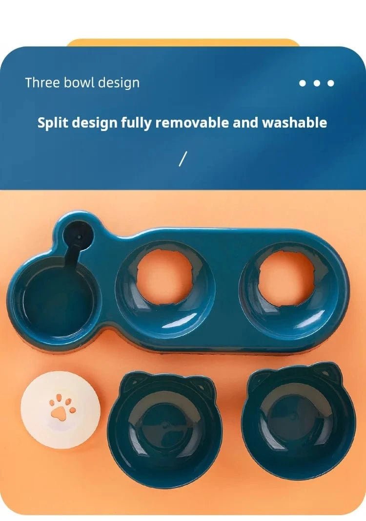 Pet Bowls With Water Feeder, 3 In 1 Ear Design Tilted Cat Water And Food Bowl Set With Gravity Water Bottle For Neck Protection - PawfectCo