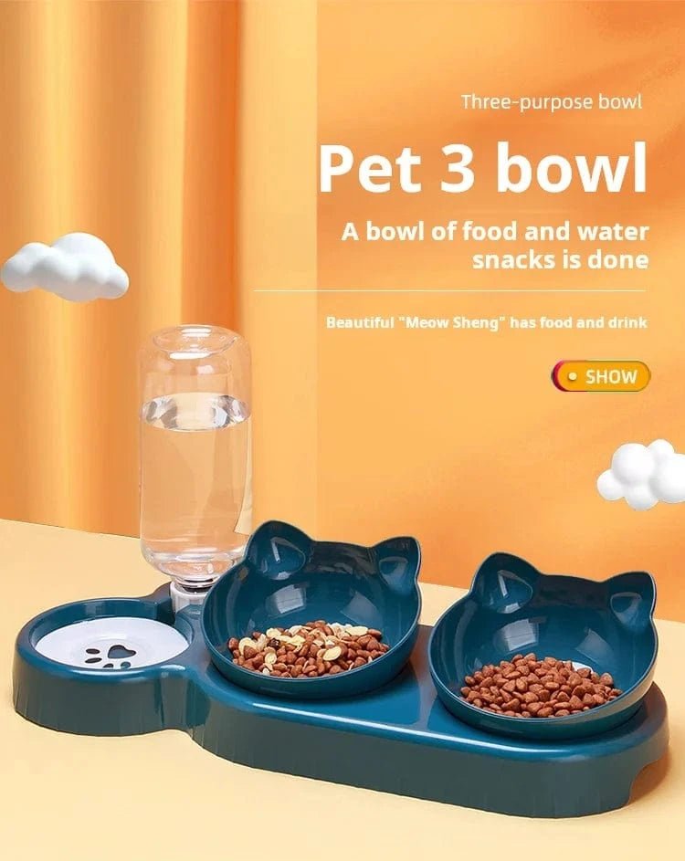 Pet Bowls With Water Feeder, 3 In 1 Ear Design Tilted Cat Water And Food Bowl Set With Gravity Water Bottle For Neck Protection - PawfectCo
