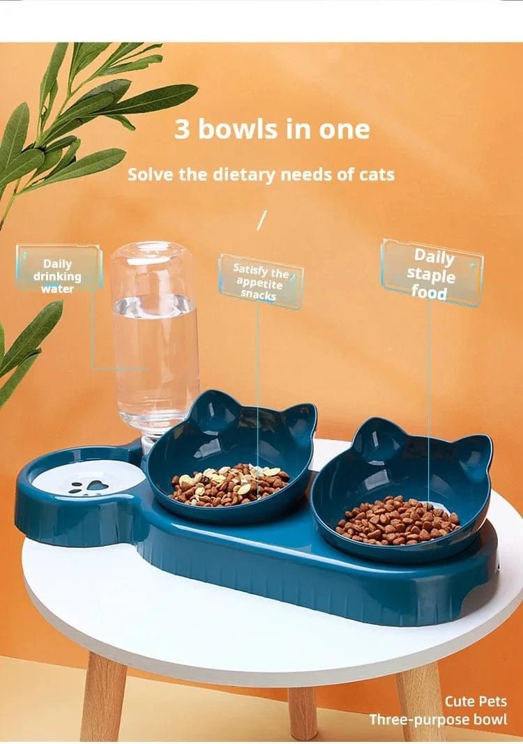 Pet Bowls With Water Feeder, 3 In 1 Ear Design Tilted Cat Water And Food Bowl Set With Gravity Water Bottle For Neck Protection - PawfectCo