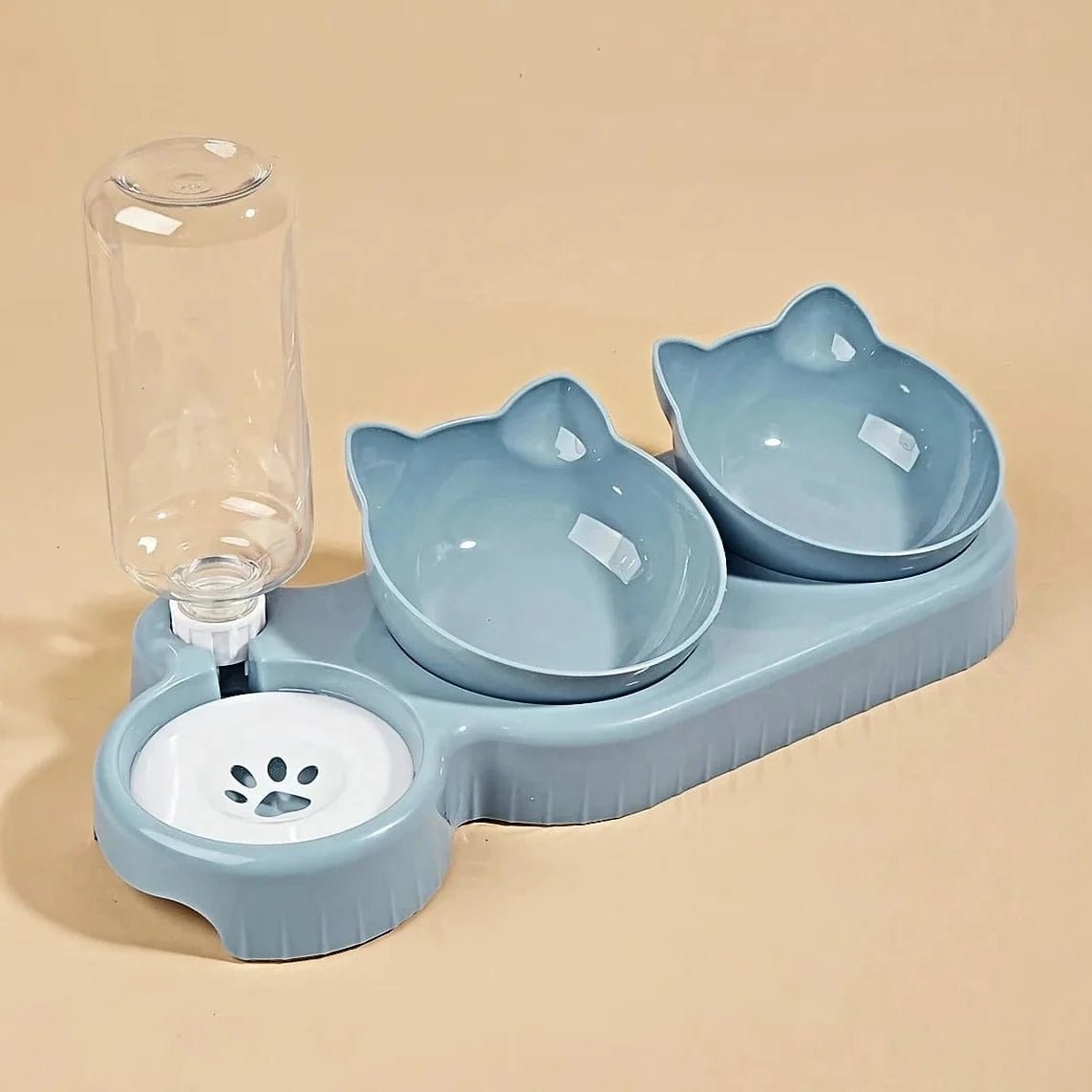 Pet Bowls With Water Feeder, 3 In 1 Ear Design Tilted Cat Water And Food Bowl Set With Gravity Water Bottle For Neck Protection - PawfectCo