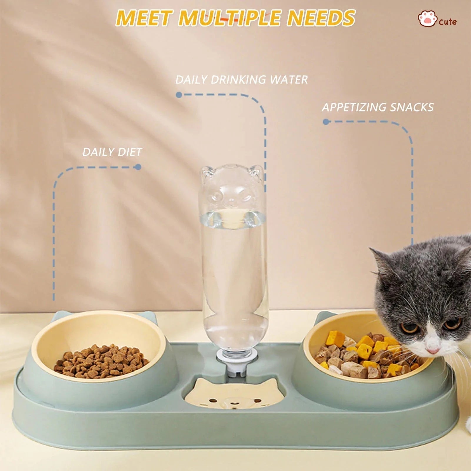 Pet Cat Bowl Automatic Feeder Dog Food Bowl With Water Fountain Double Bowl Drinking Raised Stand Dish Bowls For Cats - PawfectCo