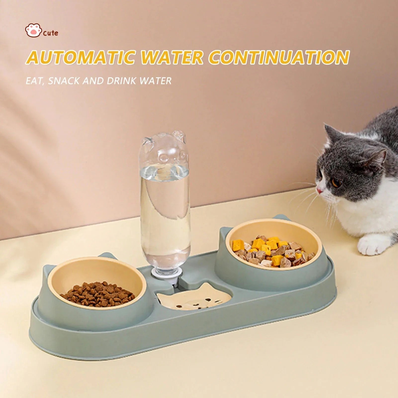Pet Cat Bowl Automatic Feeder Dog Food Bowl With Water Fountain Double Bowl Drinking Raised Stand Dish Bowls For Cats - PawfectCo