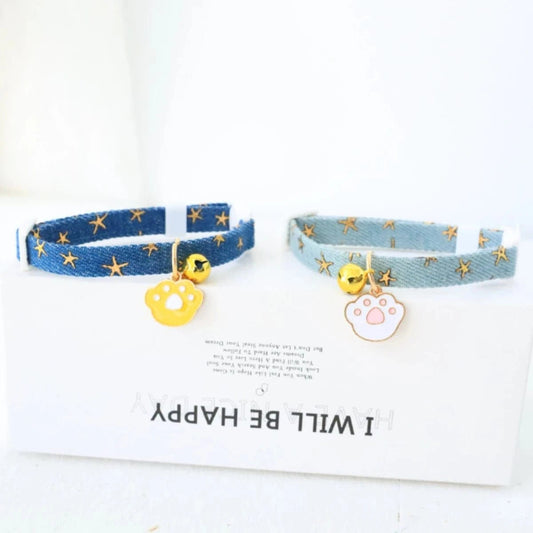 pet collar with bells and safety buckles, cute denim punk style accessories, suitable for cats and dogs - PawfectCo