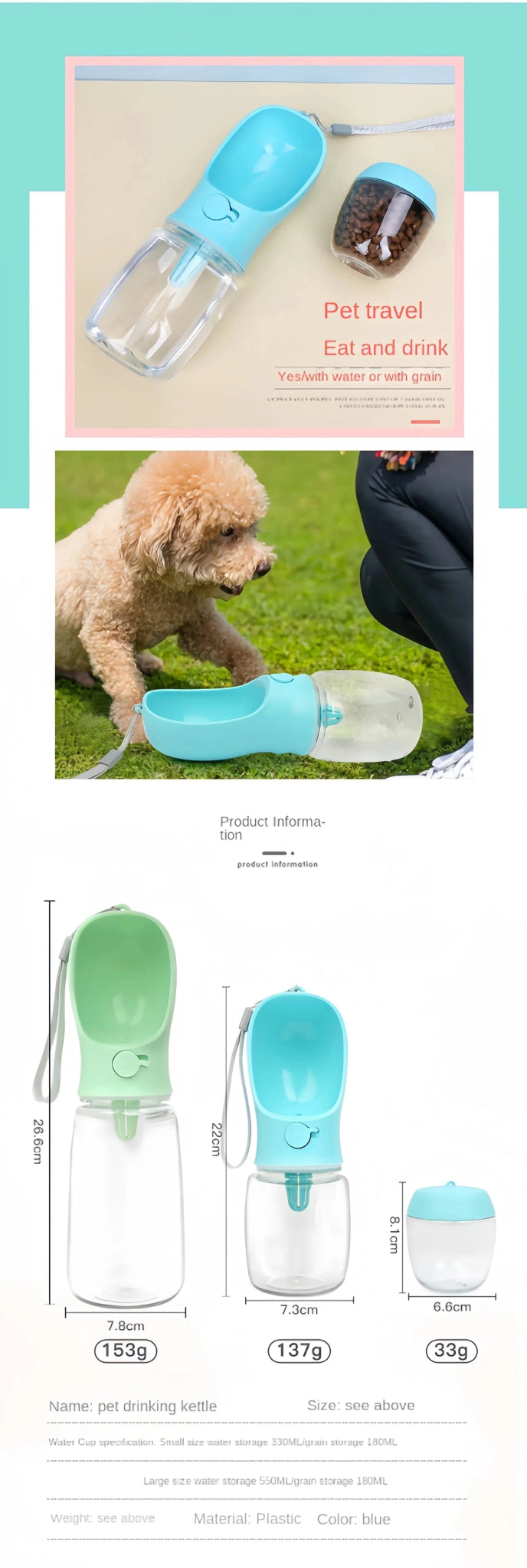 Portable Dog Cat Water Bottle with Storage Food and Water Container for Puppy Pets dogs Feeder Bowl Outdoor Travel Pet supplies - PawfectCo