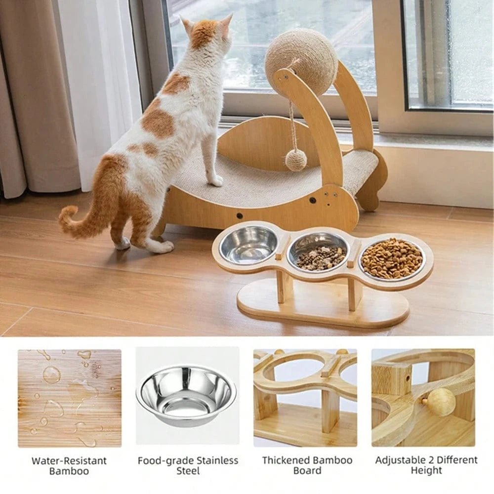 Cat 3 Bowls in 1 Feeder Feeding & Watering Supplies Food Bowl 15 - Degree Tilt Raised Puppy 3 Stainless Steel Bowls Wood Brackets - PawfectCo