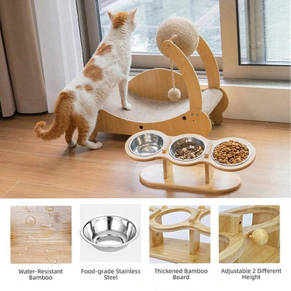 Cat 3 Bowls in 1 Feeder Feeding & Watering Supplies Food Bowl 15 - Degree Tilt Raised Puppy 3 Stainless Steel Bowls Wood Brackets - PawfectCo