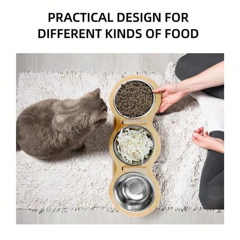 Cat 3 Bowls in 1 Feeder Feeding & Watering Supplies Food Bowl 15 - Degree Tilt Raised Puppy 3 Stainless Steel Bowls Wood Brackets - PawfectCo