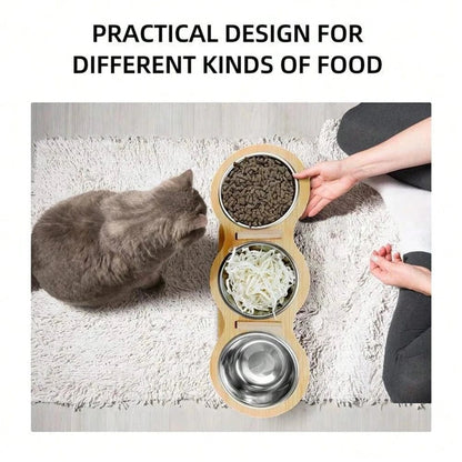 Cat 3 Bowls in 1 Feeder Feeding & Watering Supplies Food Bowl 15 - Degree Tilt Raised Puppy 3 Stainless Steel Bowls Wood Brackets - PawfectCo