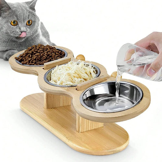 Cat 3 Bowls in 1 Feeder Feeding & Watering Supplies Food Bowl 15 - Degree Tilt Raised Puppy 3 Stainless Steel Bowls Wood Brackets - PawfectCo