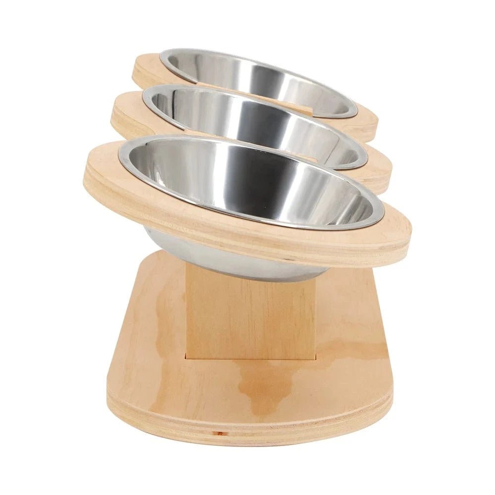 Cat 3 Bowls in 1 Feeder Feeding & Watering Supplies Food Bowl 15 - Degree Tilt Raised Puppy 3 Stainless Steel Bowls Wood Brackets - PawfectCo