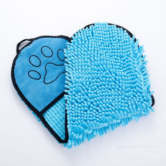 Chenille Pet Drying Towel with Hand Pockets — Blue - PawfectCo