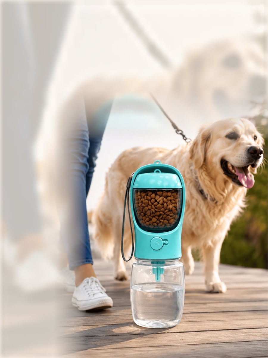 PawfectCo portable pet water bottle and food container during an outdoor walk