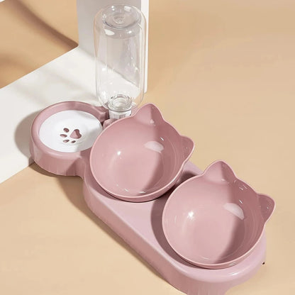 Pet Bowls With Water Feeder, 3 In 1 Ear Design Tilted Cat Water And Food Bowl Set With Gravity Water Bottle For Neck Protection - PawfectCo