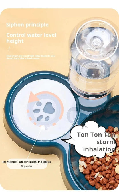 Pet Bowls With Water Feeder, 3 In 1 Ear Design Tilted Cat Water And Food Bowl Set With Gravity Water Bottle For Neck Protection - PawfectCo