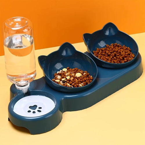 Pet Bowls With Water Feeder, 3 In 1 Ear Design Tilted Cat Water And Food Bowl Set With Gravity Water Bottle For Neck Protection - PawfectCo