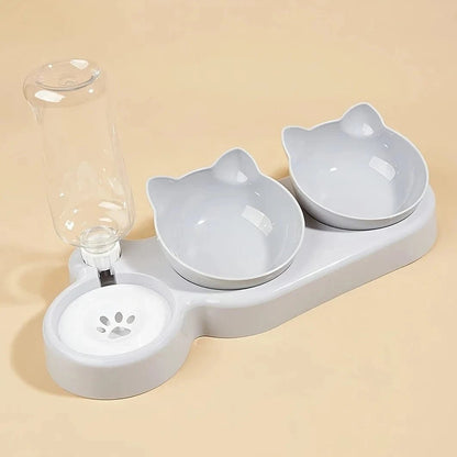 Pet Bowls With Water Feeder, 3 In 1 Ear Design Tilted Cat Water And Food Bowl Set With Gravity Water Bottle For Neck Protection - PawfectCo