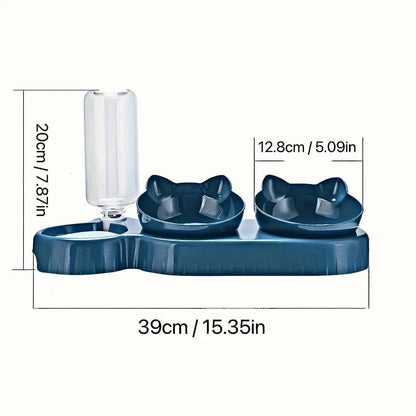 Pet Bowls With Water Feeder, 3 In 1 Ear Design Tilted Cat Water And Food Bowl Set With Gravity Water Bottle For Neck Protection - PawfectCo