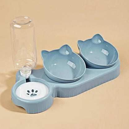 Pet Bowls With Water Feeder, 3 In 1 Ear Design Tilted Cat Water And Food Bowl Set With Gravity Water Bottle For Neck Protection - PawfectCo