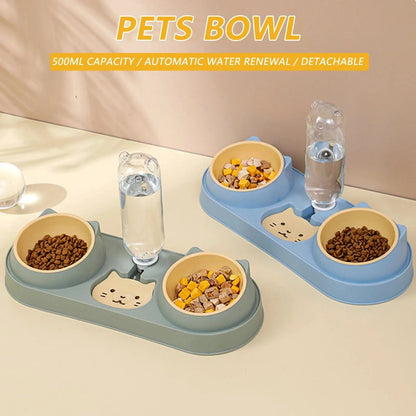 Pet Cat Bowl Automatic Feeder Dog Food Bowl With Water Fountain Double Bowl Drinking Raised Stand Dish Bowls For Cats - PawfectCo