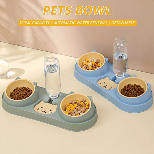 Pet Cat Bowl Automatic Feeder Dog Food Bowl With Water Fountain Double Bowl Drinking Raised Stand Dish Bowls For Cats - PawfectCo
